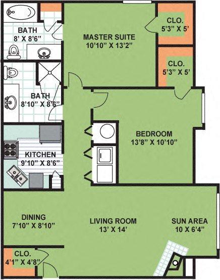 Floor plan for 2 beds, 2 baths, 1160 sqft